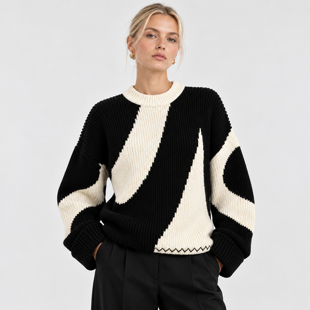 Oversized Colorblock Sweater til Damer - Abstrakt Mønster Strik