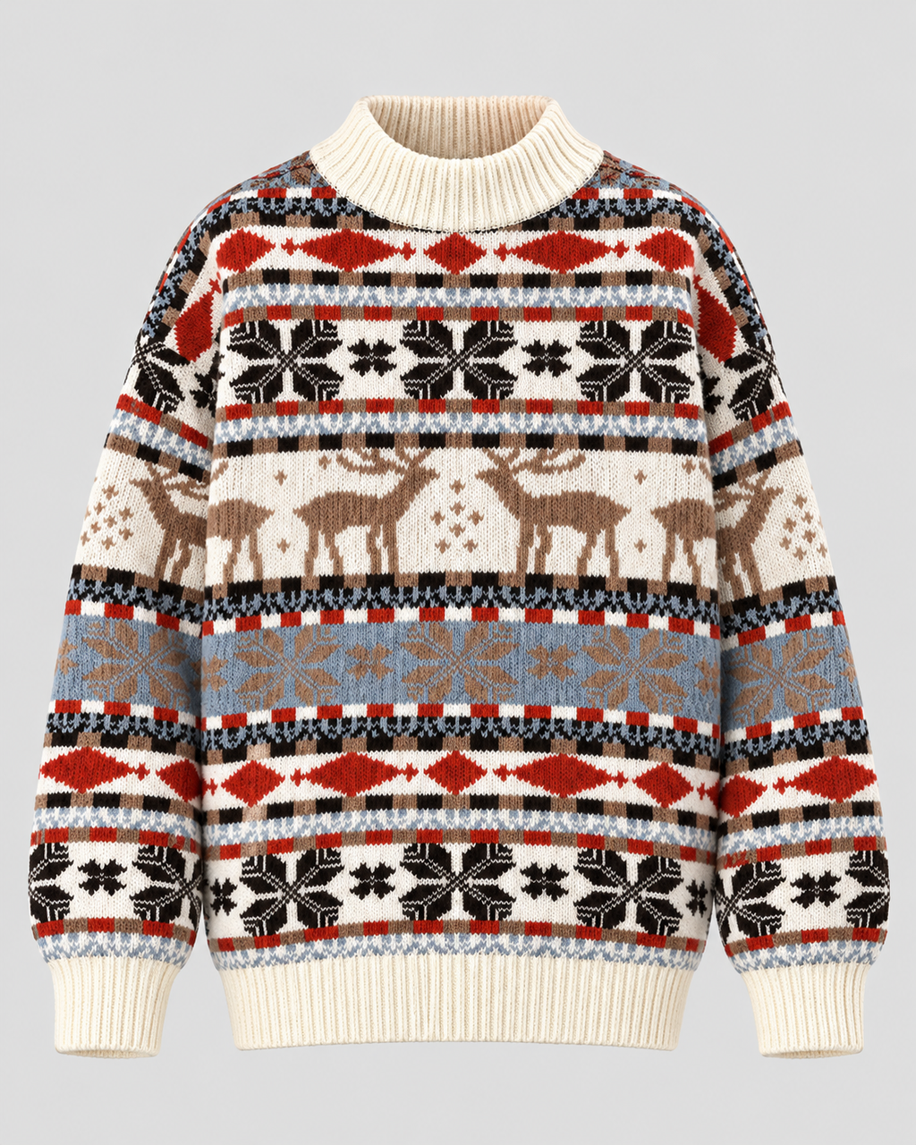 Fair Isle Rensdyrsweater til Damer - Snefnugsbånd, Ribbet Rund Hals