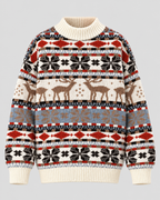 Fair Isle Rensdyrsweater til Damer - Snefnugsbånd, Ribbet Rund Hals