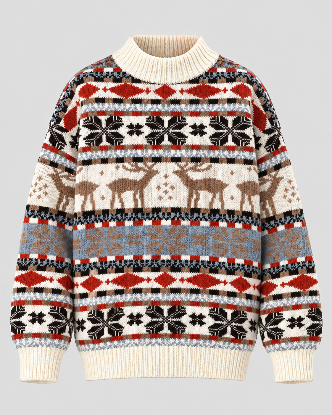 Fair Isle Rensdyrsweater til Damer - Snefnugsbånd, Ribbet Rund Hals