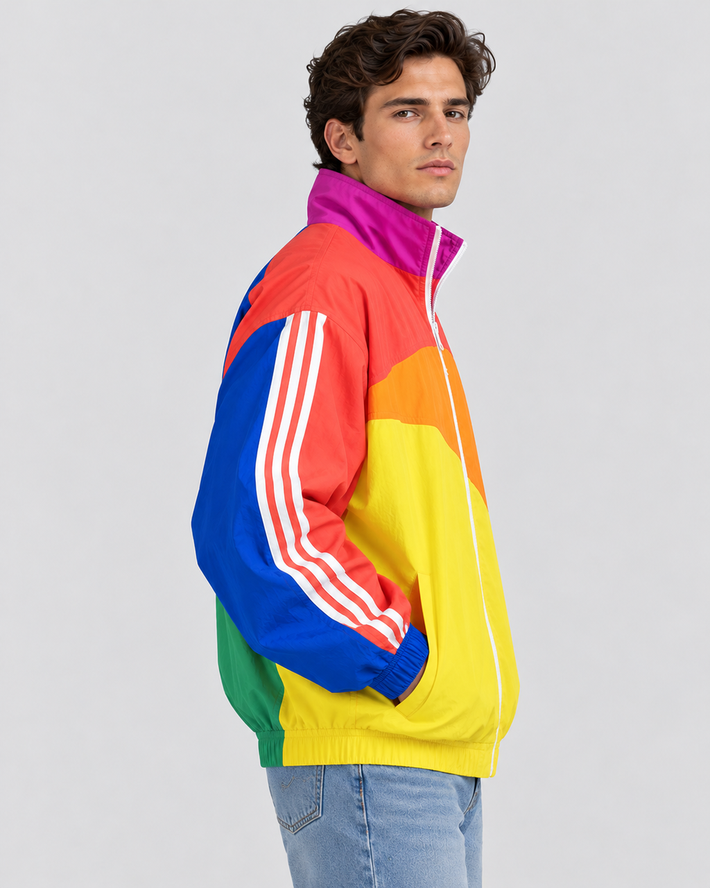 Let Colorblock Træningsjakke - Regnbuebuer, Gennemgående Lynlås, Ståkrave