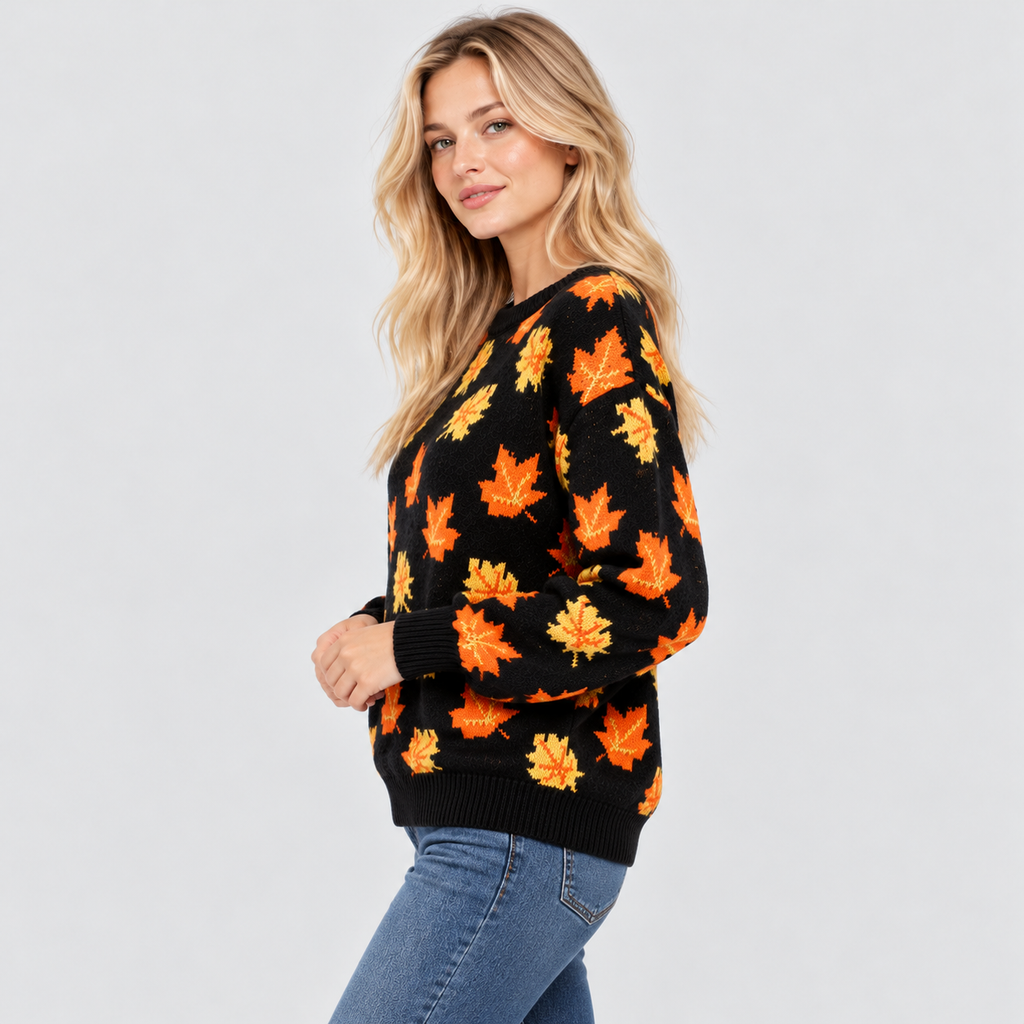 Efterårsbladprintet Sweater - Rund Hals, Afslappet Strik