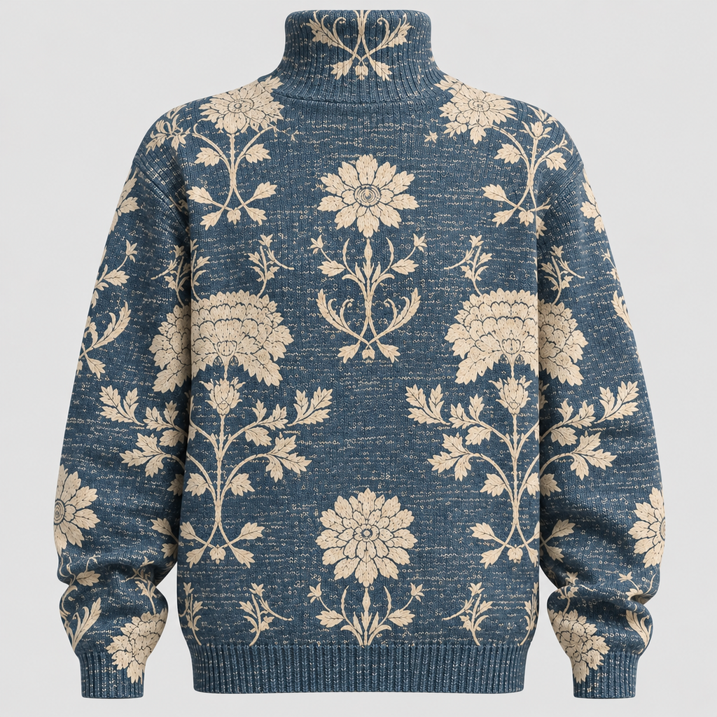Botanisk Printet Sweater - Rullekrave, Afslappet Strik