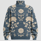 Botanisk Printet Sweater - Rullekrave, Afslappet Strik