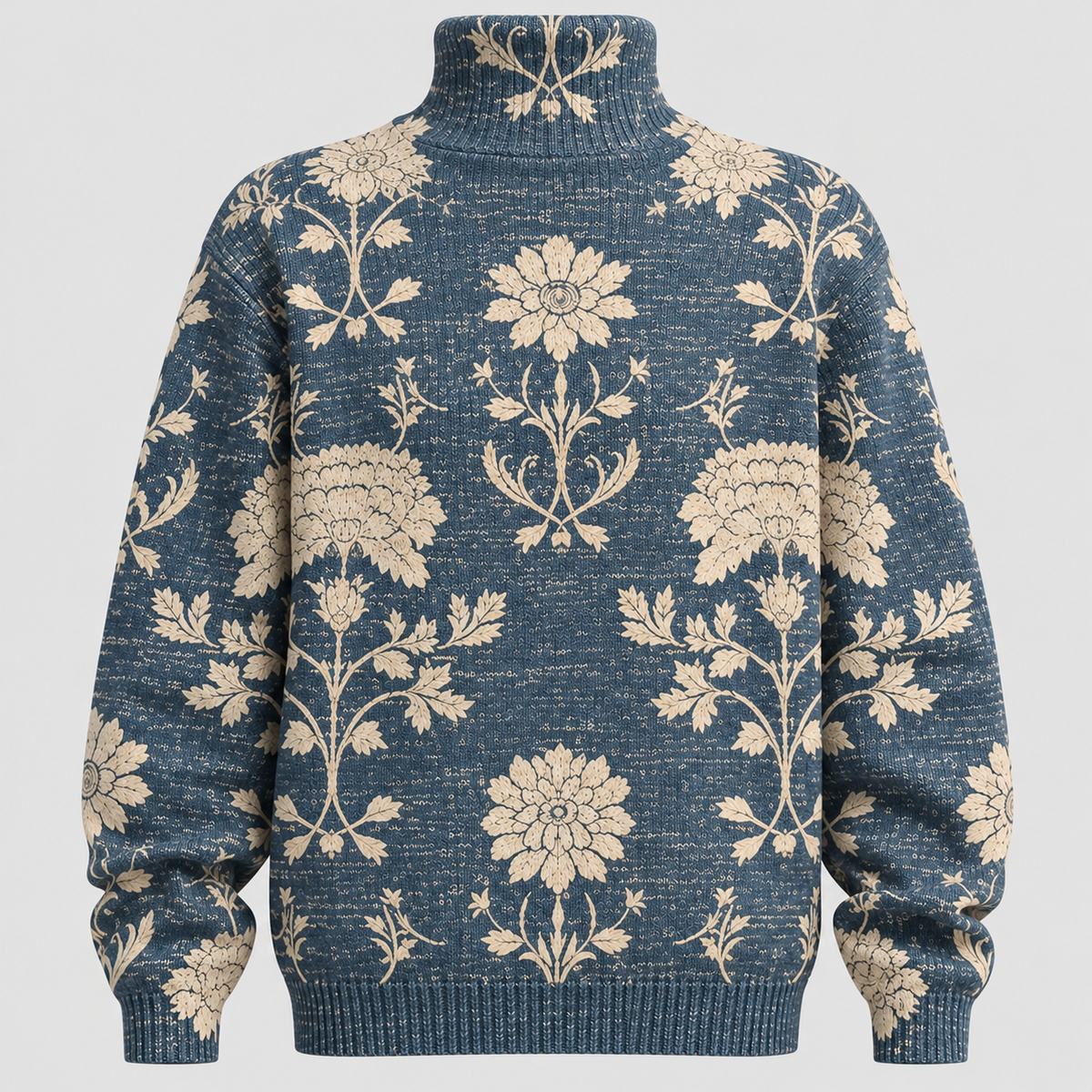 Botanisk Printet Sweater - Rullekrave, Afslappet Strik