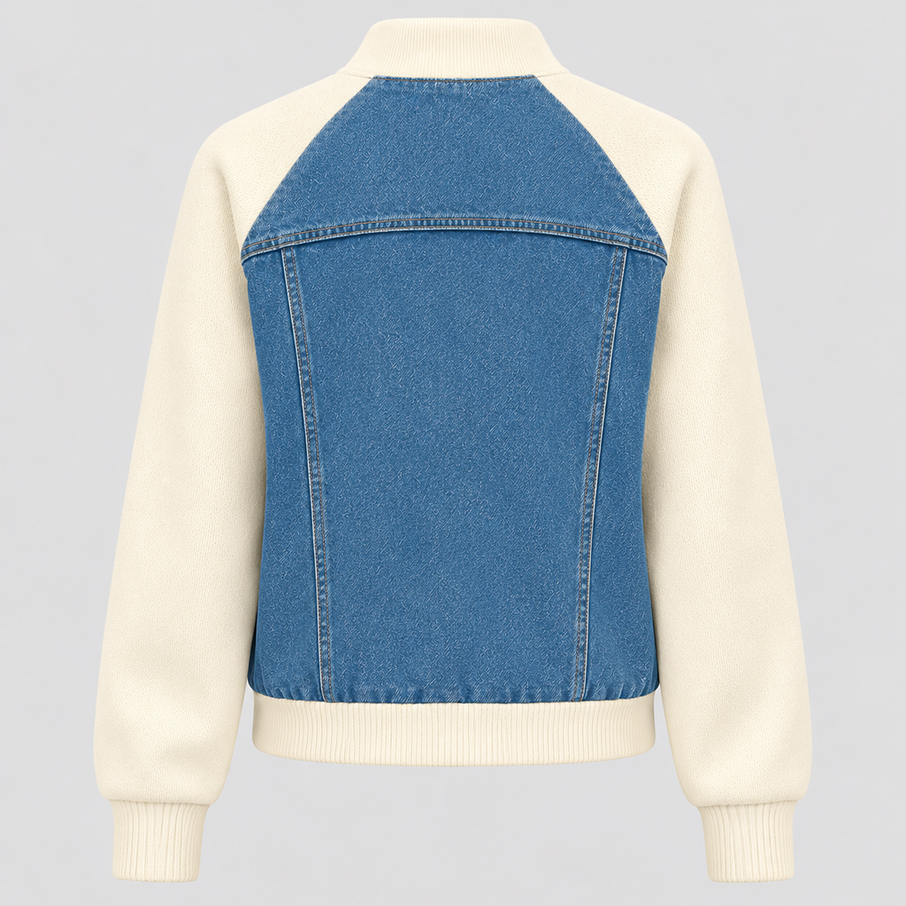Cropped Bomberjakke til Damer - Denim med Ribkant