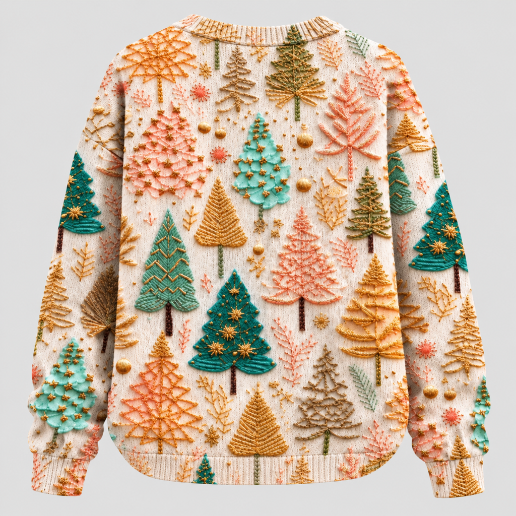 Fyrretræsprintet Sweater - Rund Hals, Oversized Strik