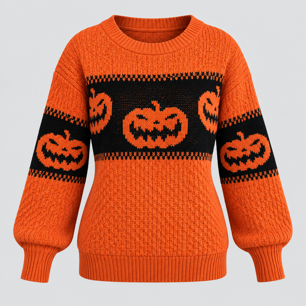 Græskarsweater til Damer - Strik med Uhyggeligt Ansigt til Halloween