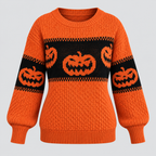 Græskarsweater til Damer - Strik med Uhyggeligt Ansigt til Halloween