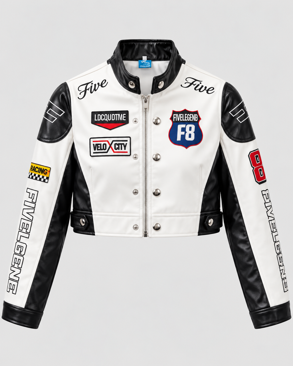 Cropped Lynlåsjakke - Kontrastærmer, Broderede Patches