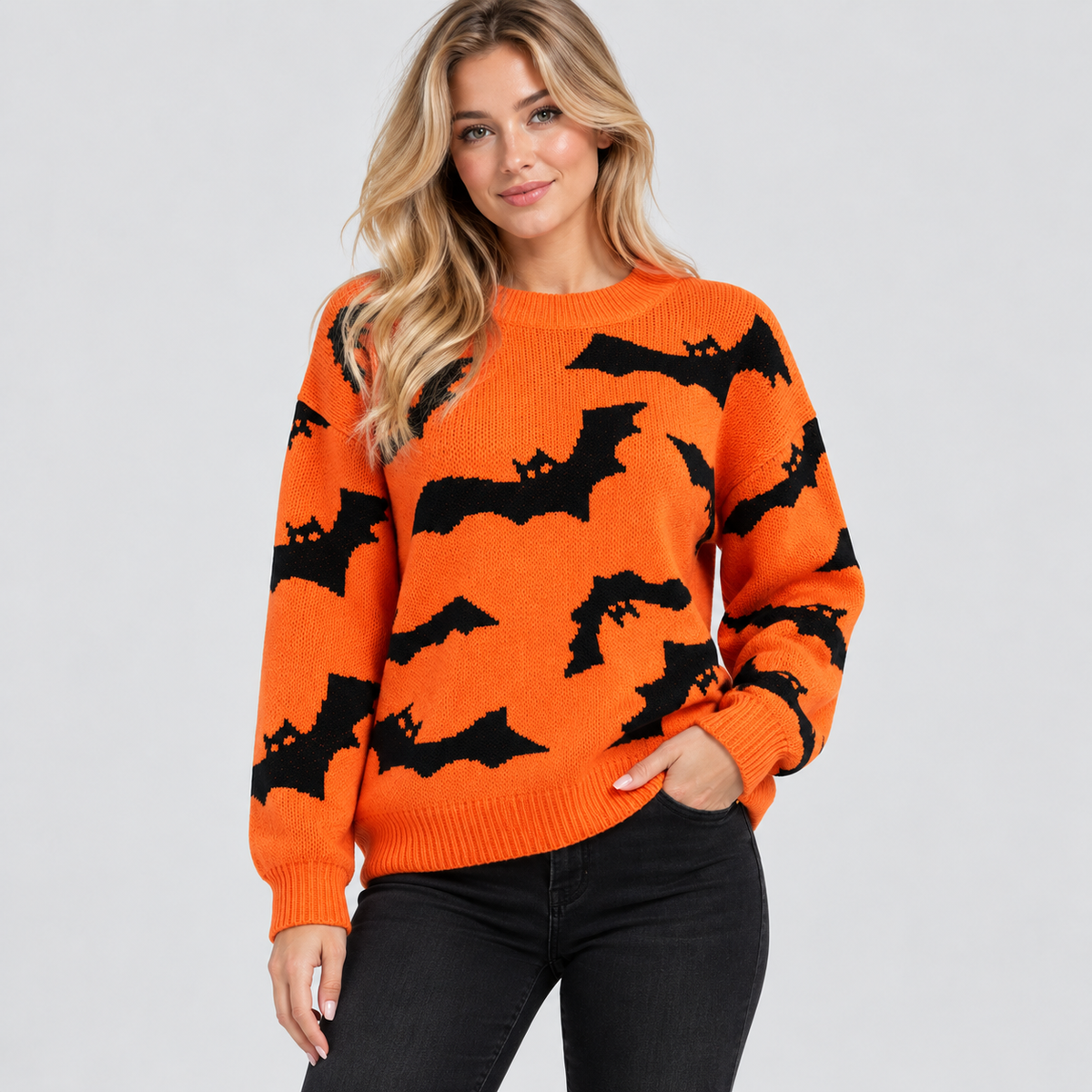 Trøje med Flagermusprint til Halloween - Jacquardstrikket Pullover