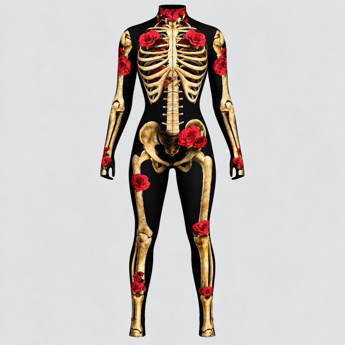 Skelettryk Overall til Damer - Halloween-Kostume med Rosendetaljer