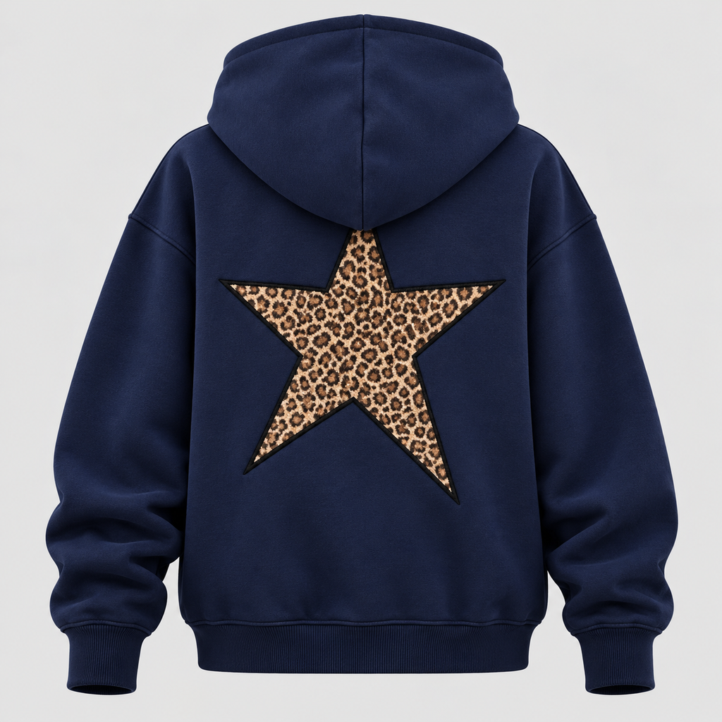 Oversized Hoodie - Leopardstjerne på Ryggen, Faldende Skuldre