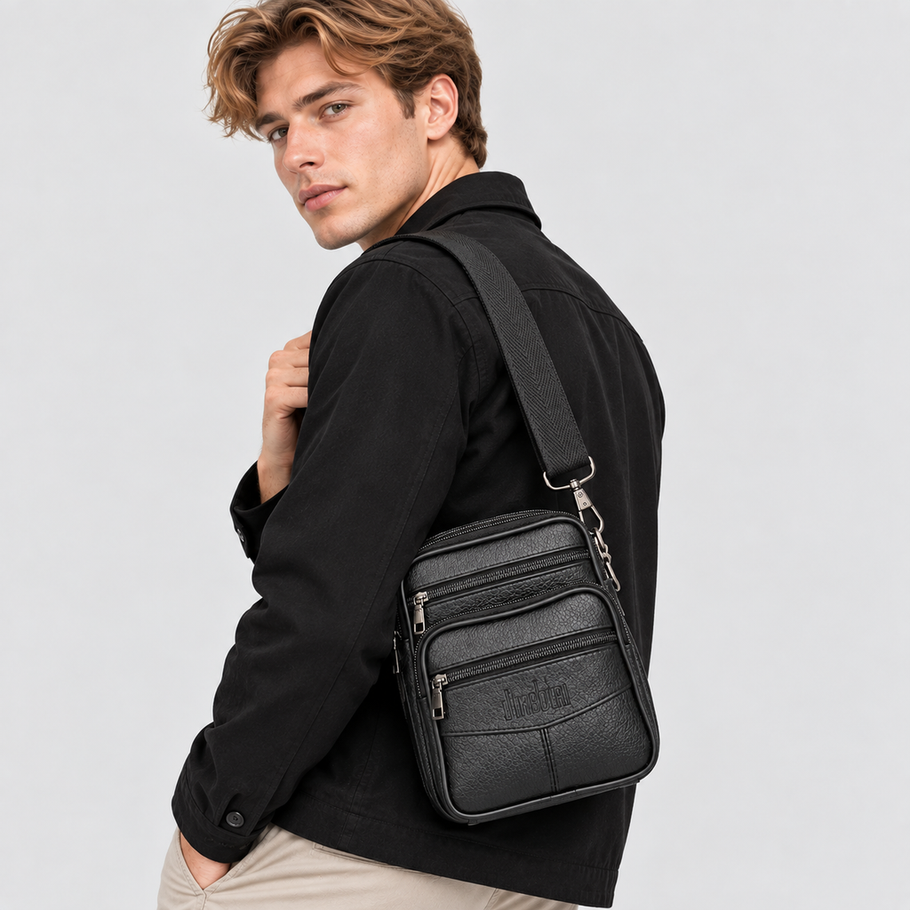 Læder Crossbodytaske til Herrer - Vertikalt Design med Flere Lommer