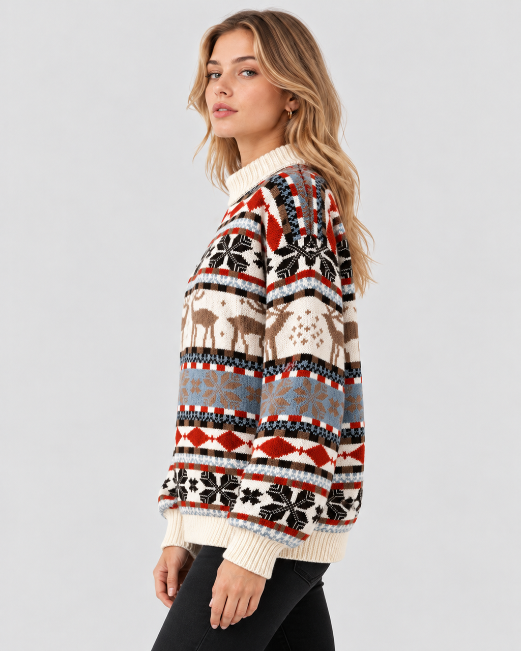 Fair Isle Rensdyrsweater til Damer - Snefnugsbånd, Ribbet Rund Hals
