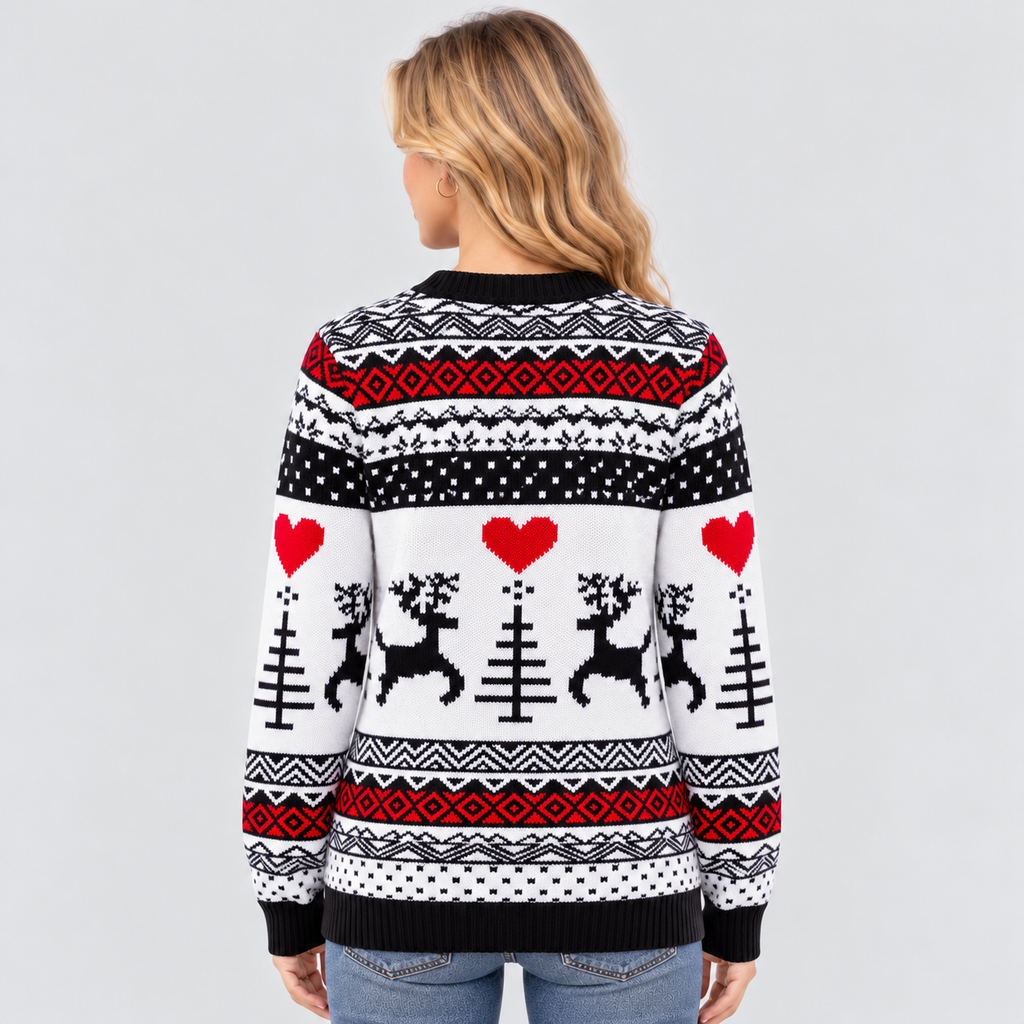 Julesweater med Rensdyr til Damer - Fair Isle Strik, Rund Hals