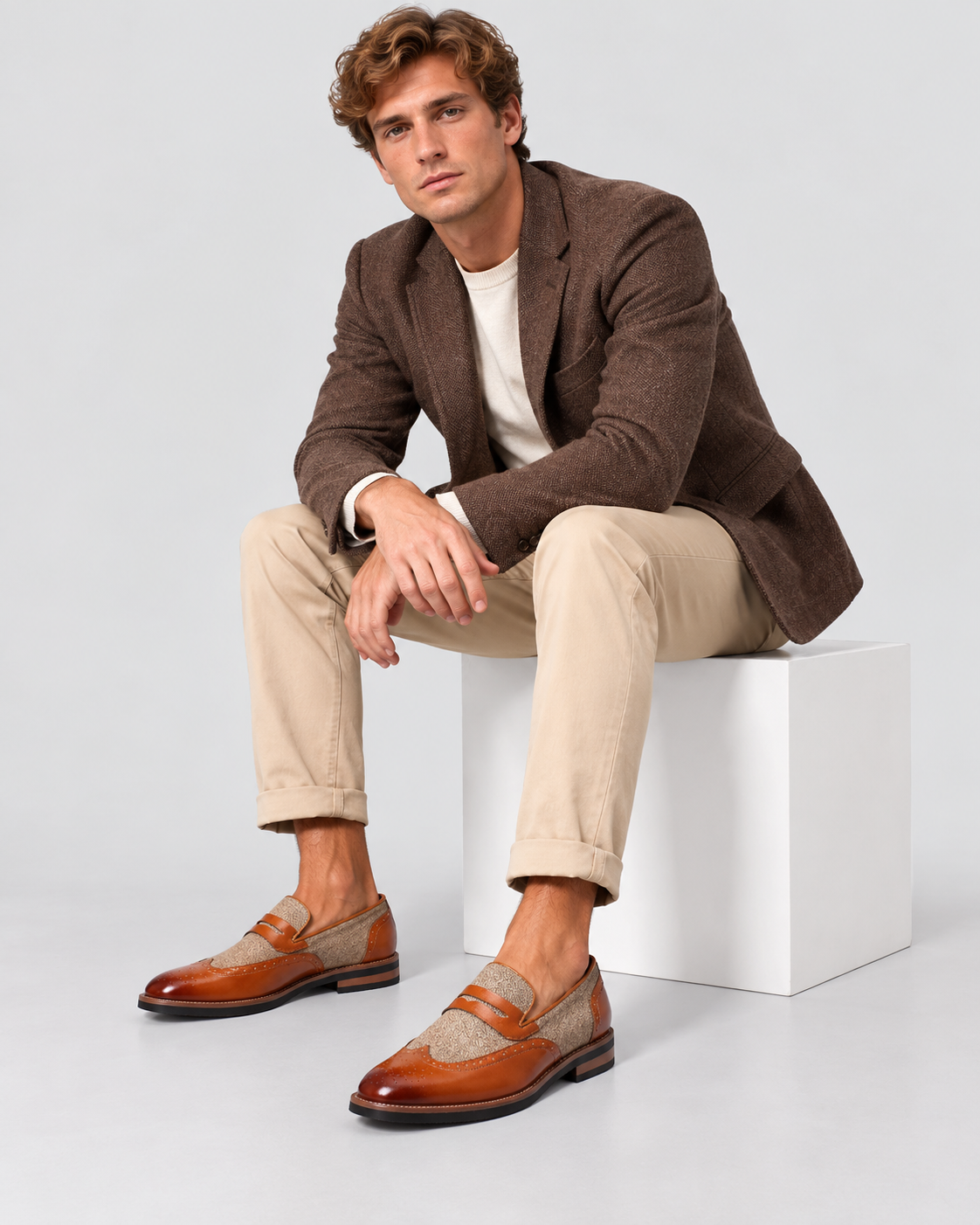 Penny Loafers til Herrer - Wingtip Brogue, Herringbone Panel, Kunstlæder