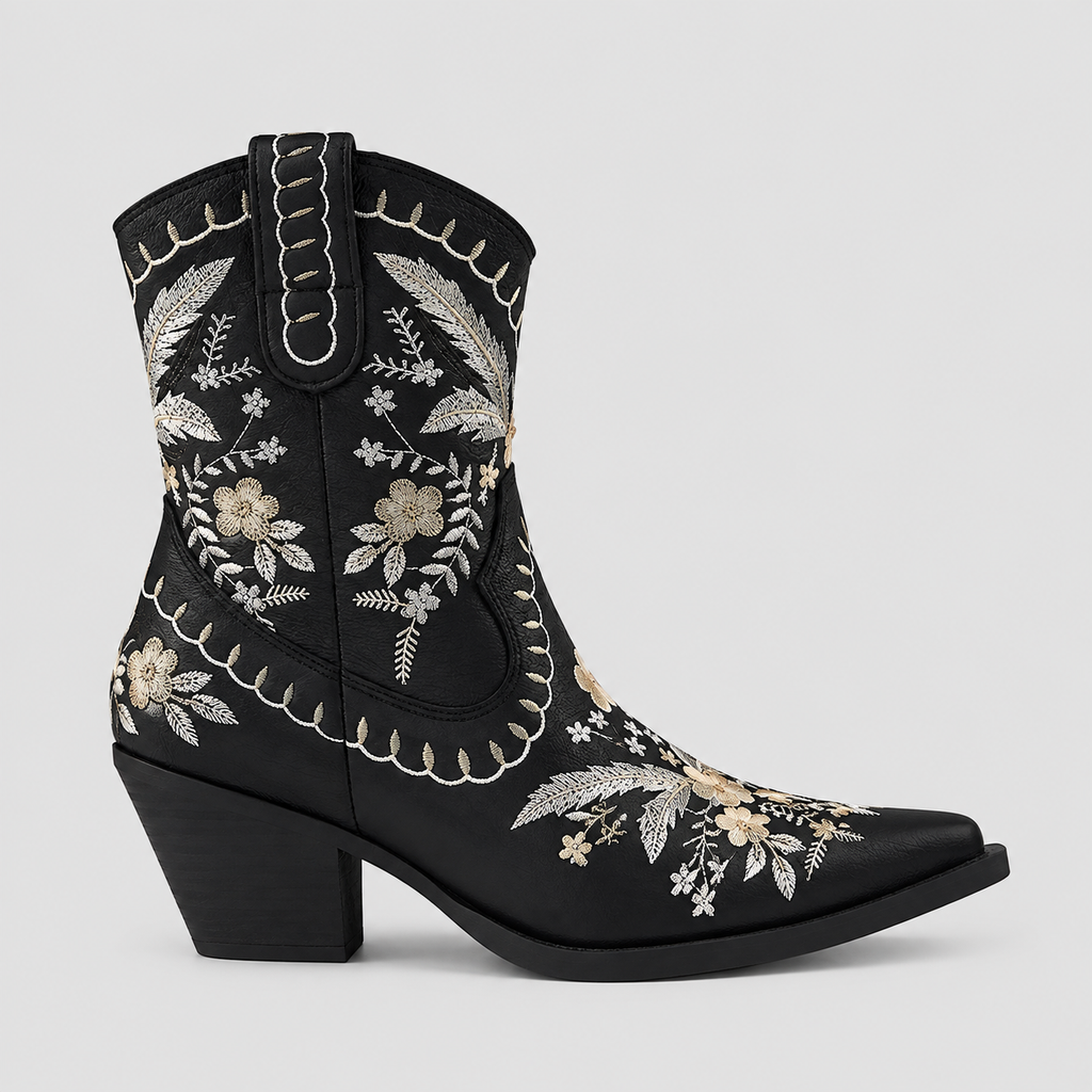 Broderede Cowgirlstøvler til Damer - Blomsterdesign med Blokhæl