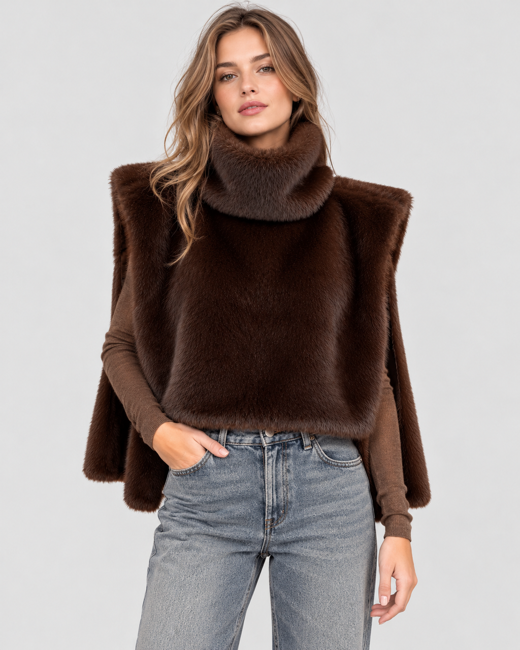 Vest i Kunstpels til Damer - Høj Hals, Ærmeløs, Cropped