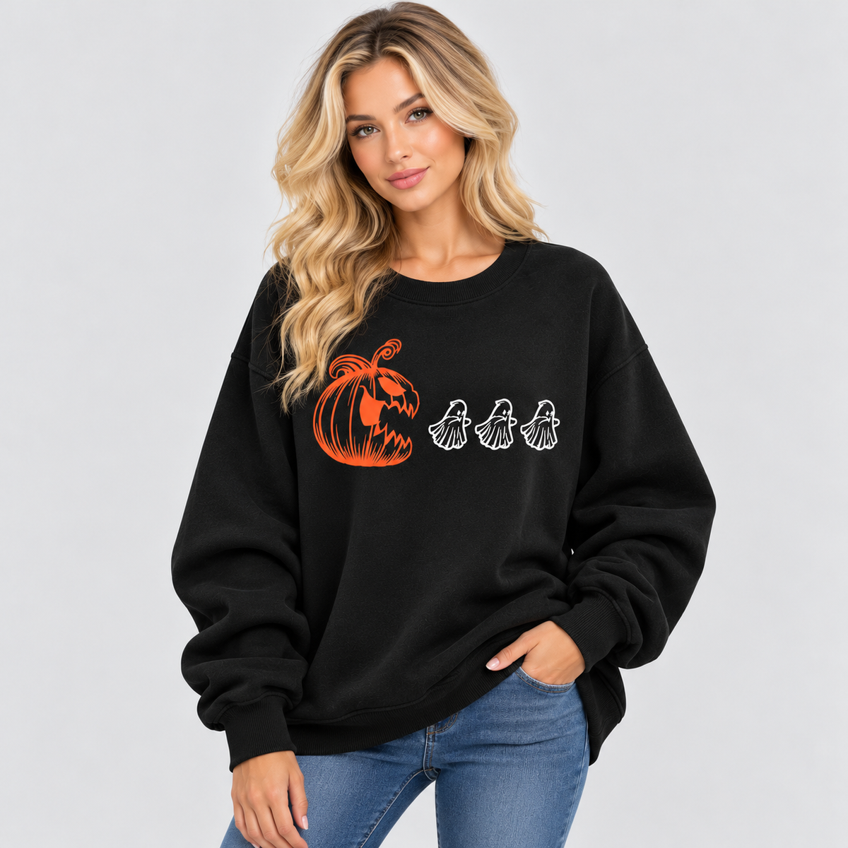 Halloween Sweatshirt med Rund Hals - Græskarprint på Brystet