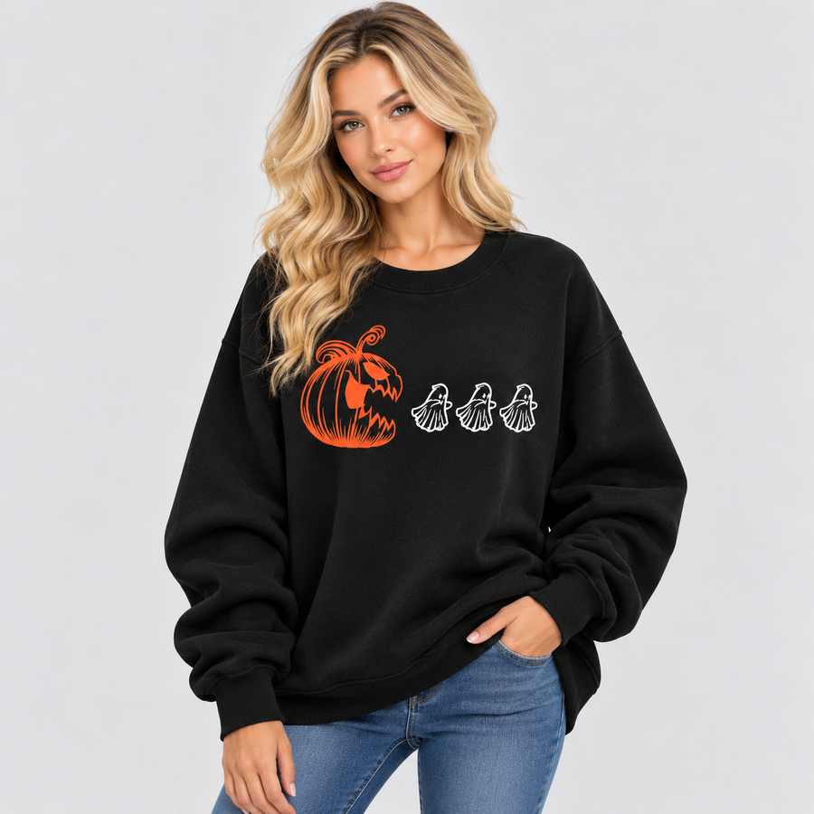 Halloween Sweatshirt med Rund Hals - Græskarprint på Brystet