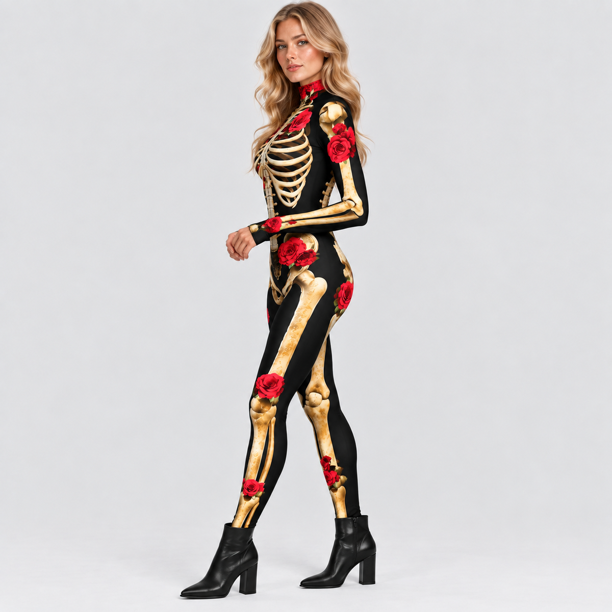 Skelettryk Overall til Damer - Halloween-Kostume med Rosendetaljer
