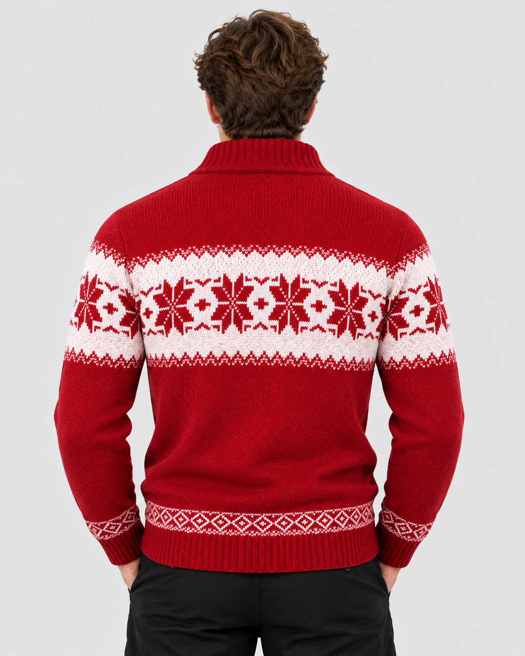 Rød Jacquardstrik Sweater til Herrer - Nordisk Snefnugsbånd, Sjalskrave