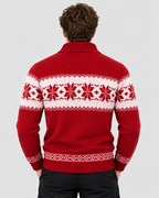 Rød Jacquardstrik Sweater til Herrer - Nordisk Snefnugsbånd, Sjalskrave