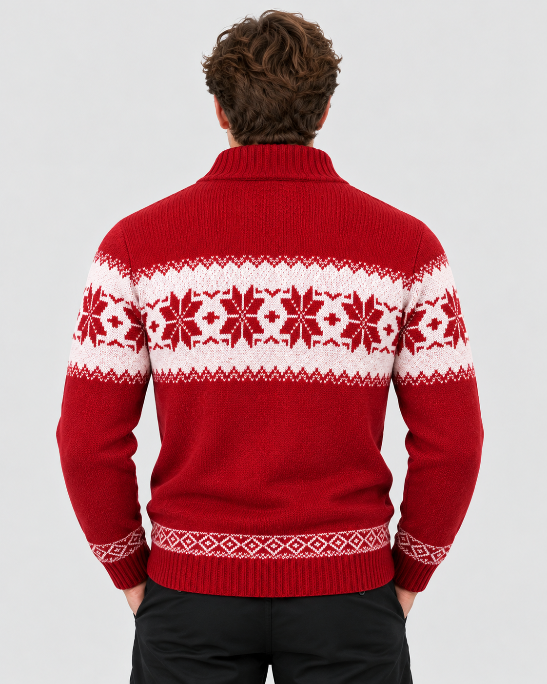 Rød Jacquardstrik Sweater til Herrer - Nordisk Snefnugsbånd, Sjalskrave