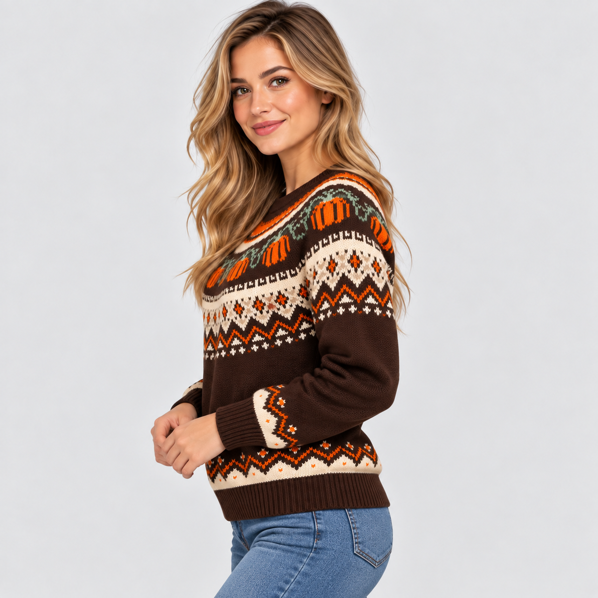 Græskar-Jacquard Sweater til Damer - Fair Isle Halloween-Strik