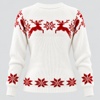 Julesweater med Rensdyr til Damer - Snefnugsstrik, Rund Hals