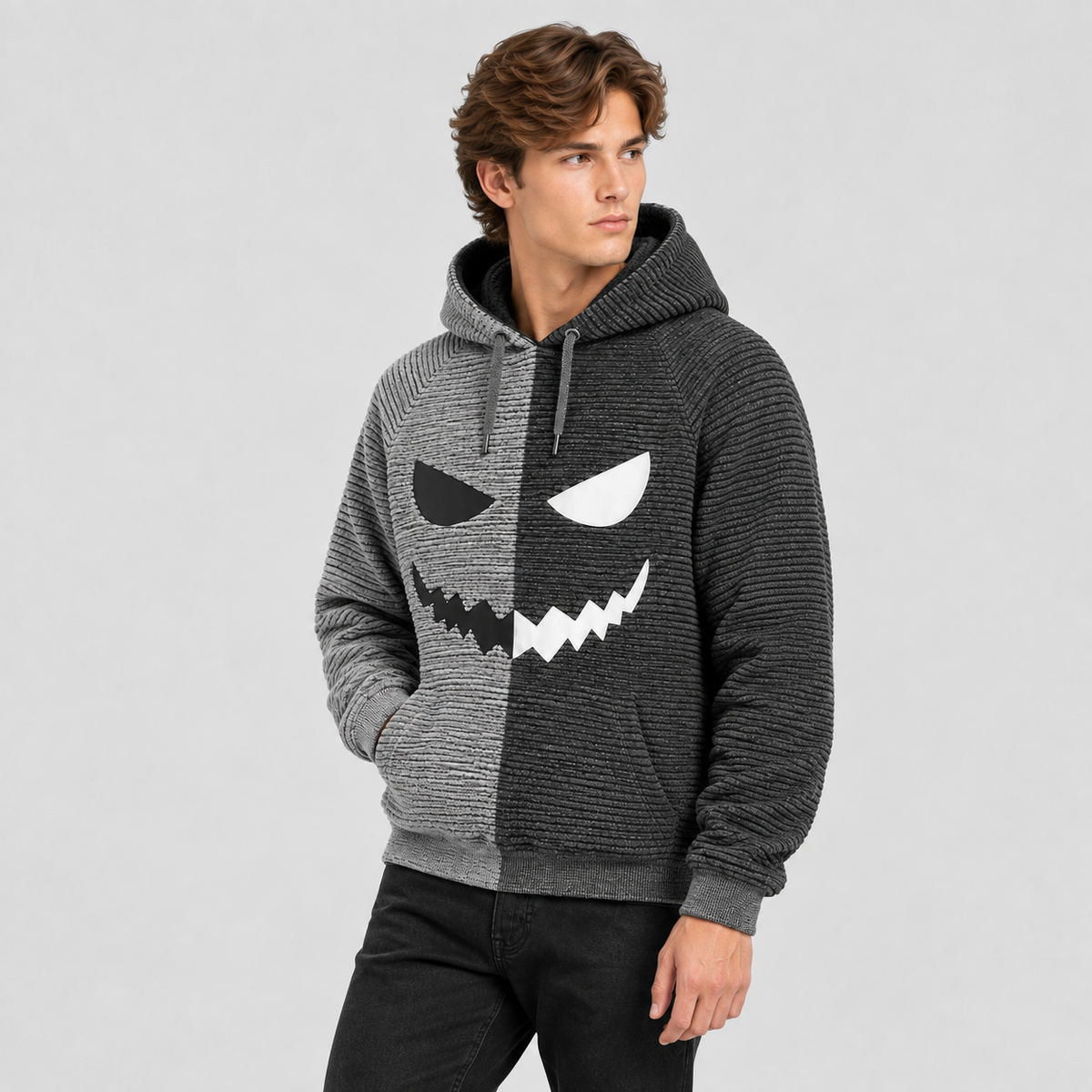 Halloween Græskar-Hoodie til Herrer - Print med Uhyggeligt Ansigt