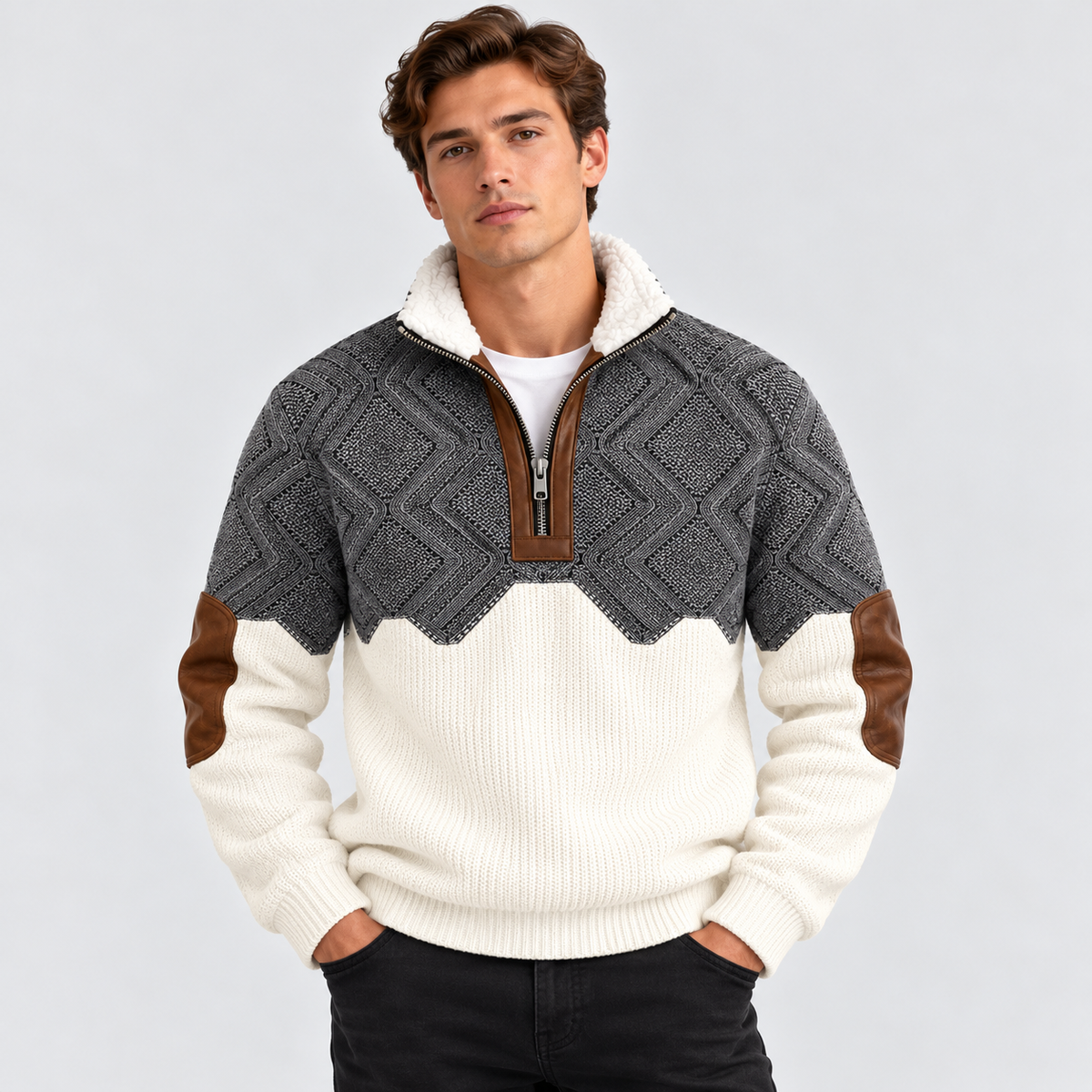 Half-Zip Pullover til Herrer - Kabelstrikpanel, Foret Ståkrave