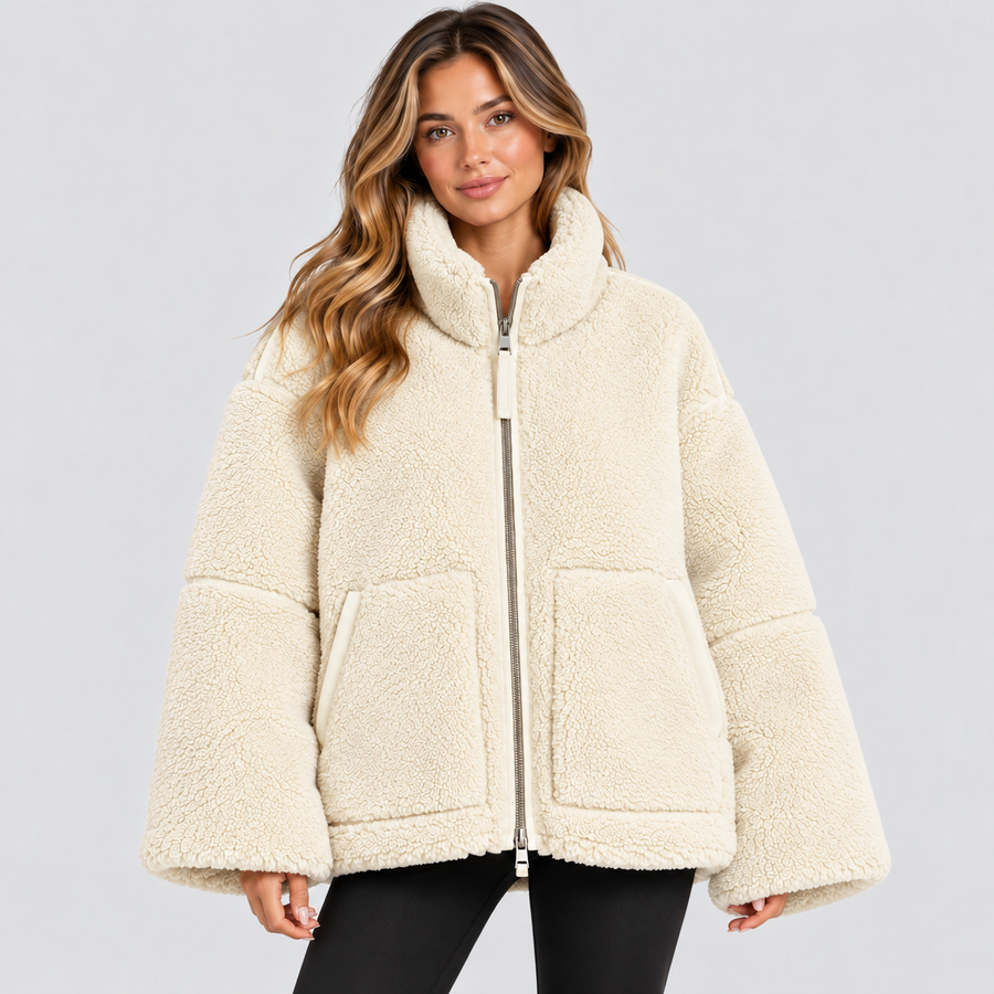 Oversized Teddyfrakke til Damer - Revers, Påsyede Lommer