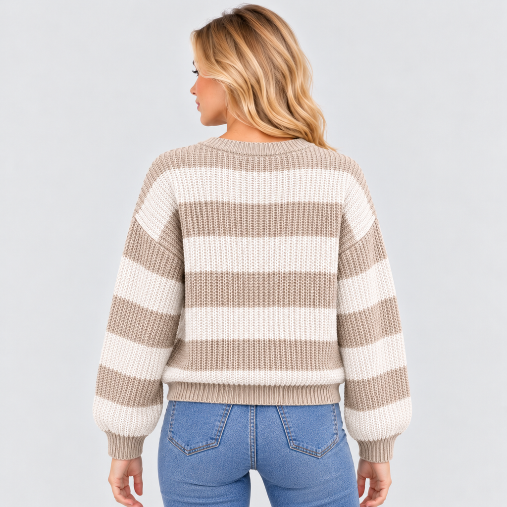 Stribet Grovstrikket Sweater til Damer - Rund Hals, Faldende Skuldre
