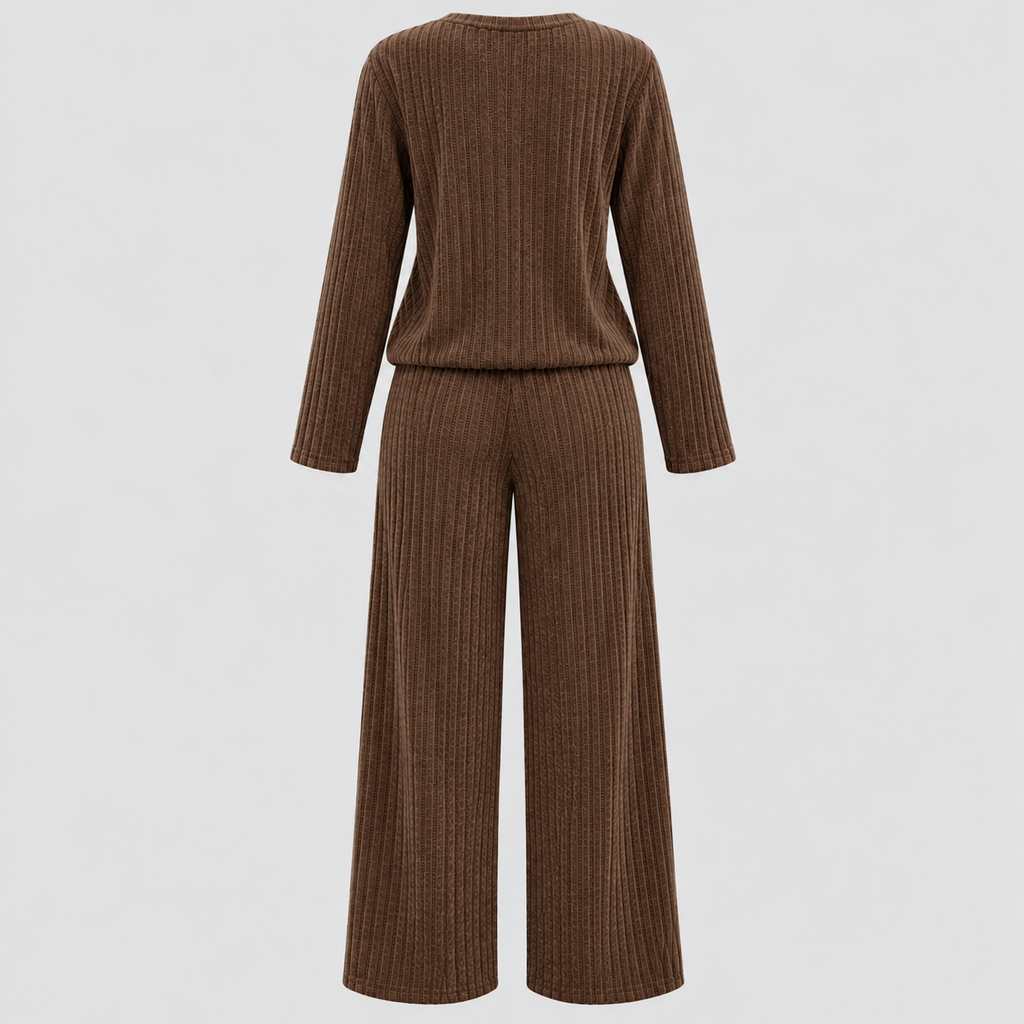 Dame Ribbet Loungesæt – Langærmet Vide Bukser Loungewear