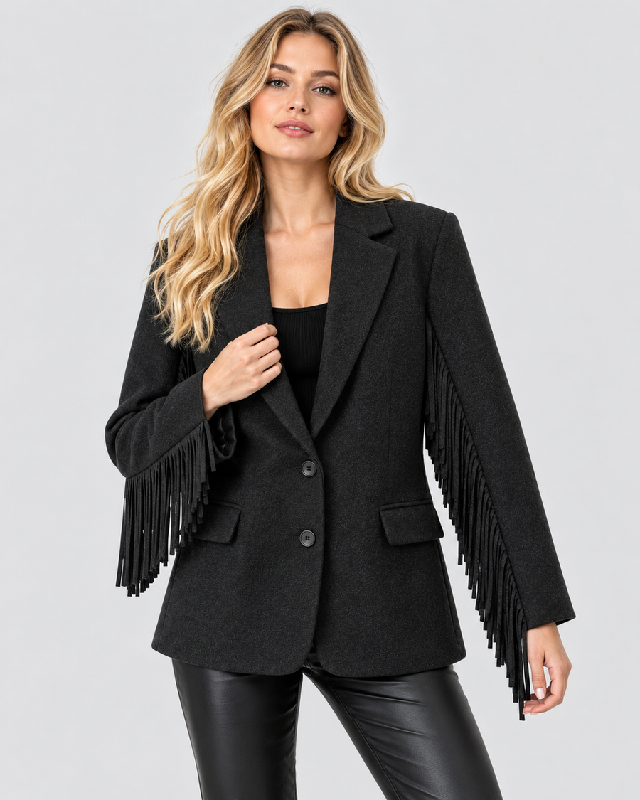Blazer med Frynser til Damer - Uldlook Tweed, Indskårne Reverser, Hoftelang