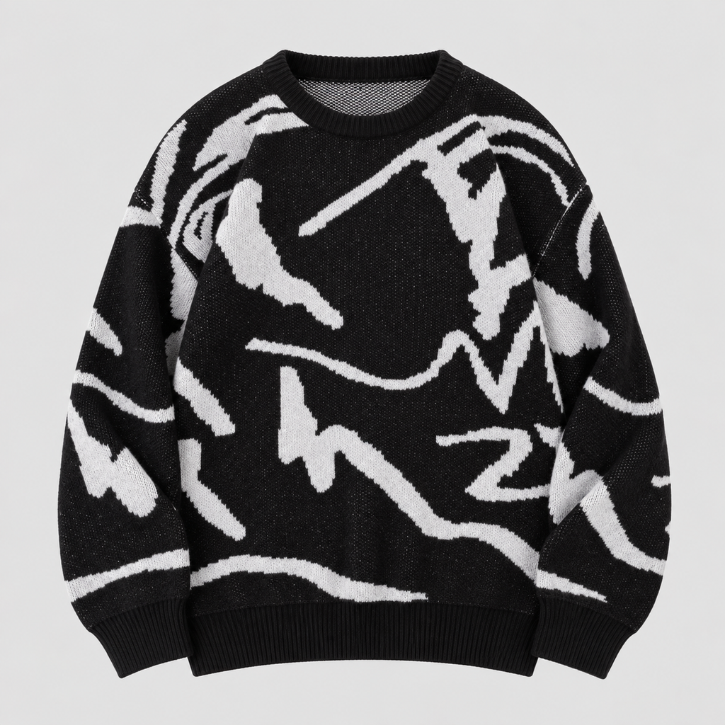Graffiti Print Sweater til Herrer - Crew Neck Strik med Ribbede Manchetter