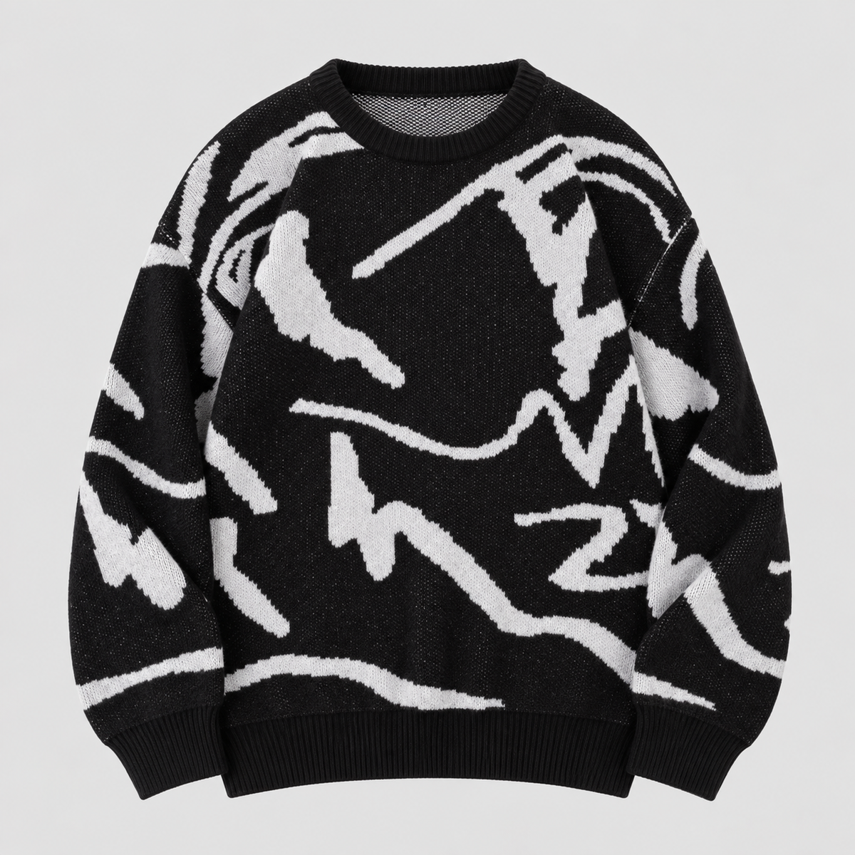 Graffiti Print Sweater til Herrer - Crew Neck Strik med Ribbede Manchetter