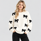 Sløjfeprintet Sweater til Damer - Rund Hals, Lange Ærmer