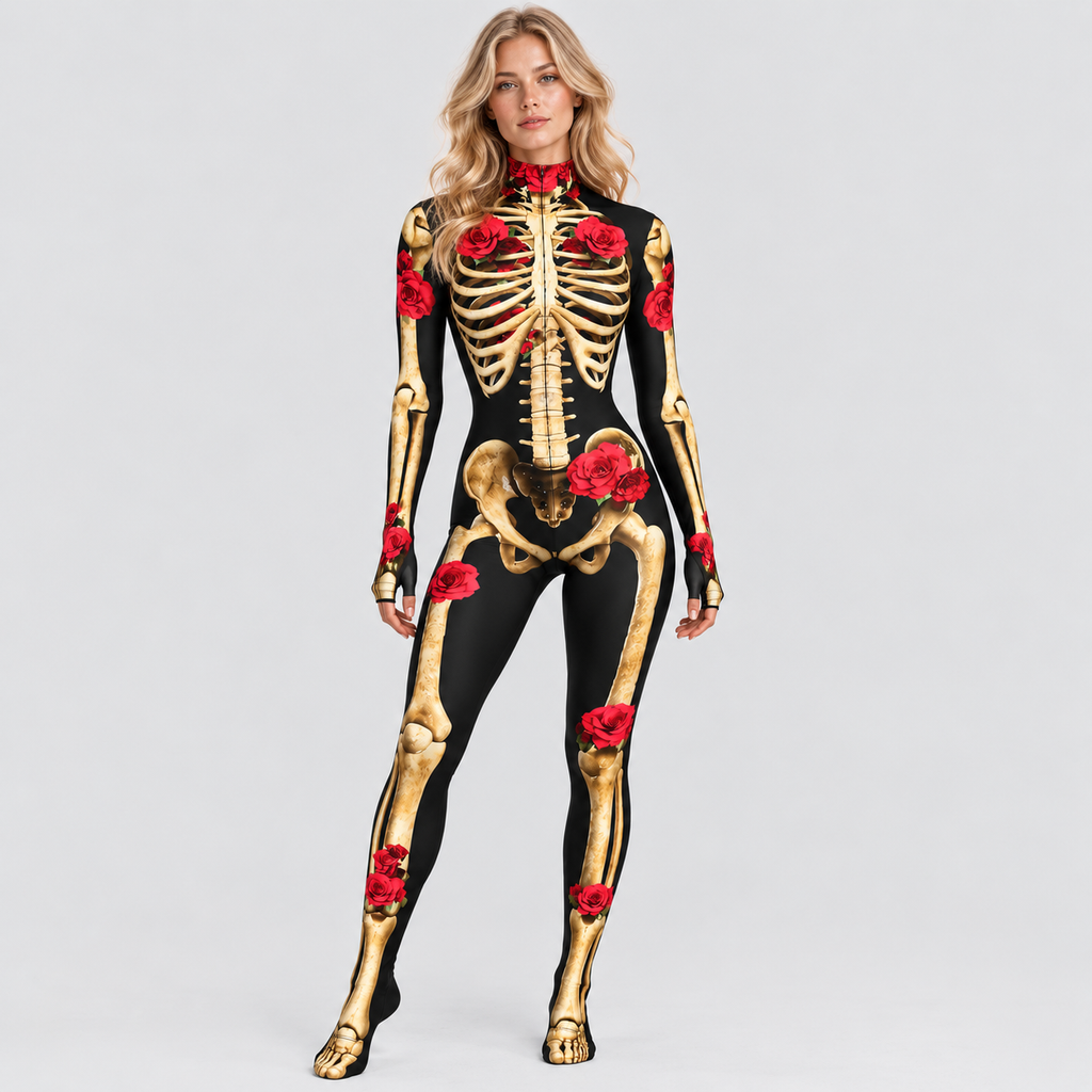 Skelettryk Overall til Damer - Halloween-Kostume med Rosendetaljer