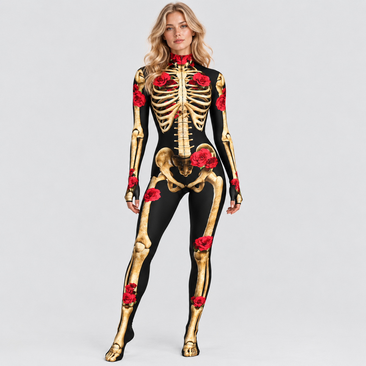 Skelettryk Overall til Damer - Halloween-Kostume med Rosendetaljer