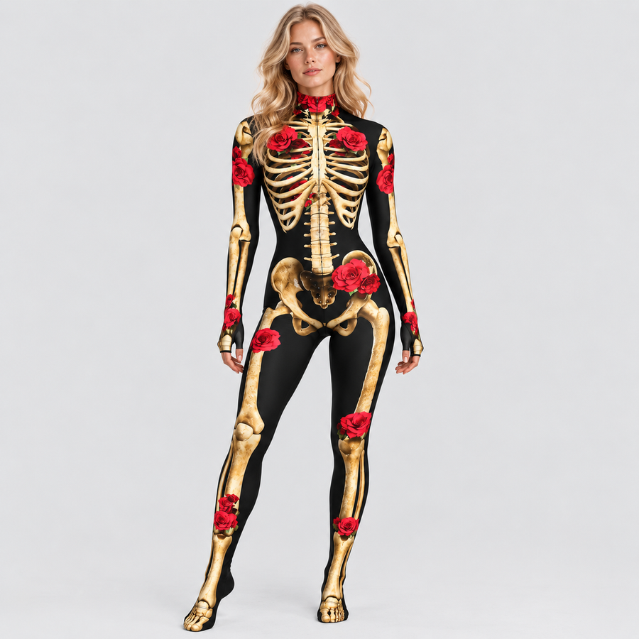 Skelettryk Overall til Damer - Halloween-Kostume med Rosendetaljer