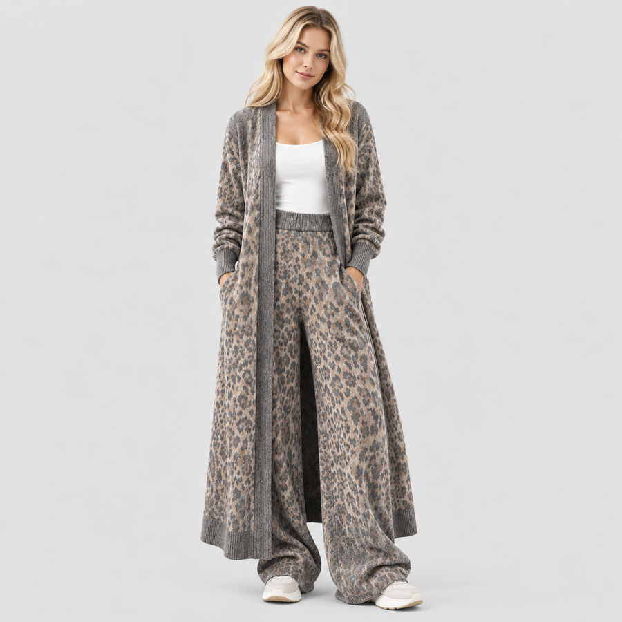 Todelt Sæt med Leopardprint til Damer - Cardigan og Brede Bukser