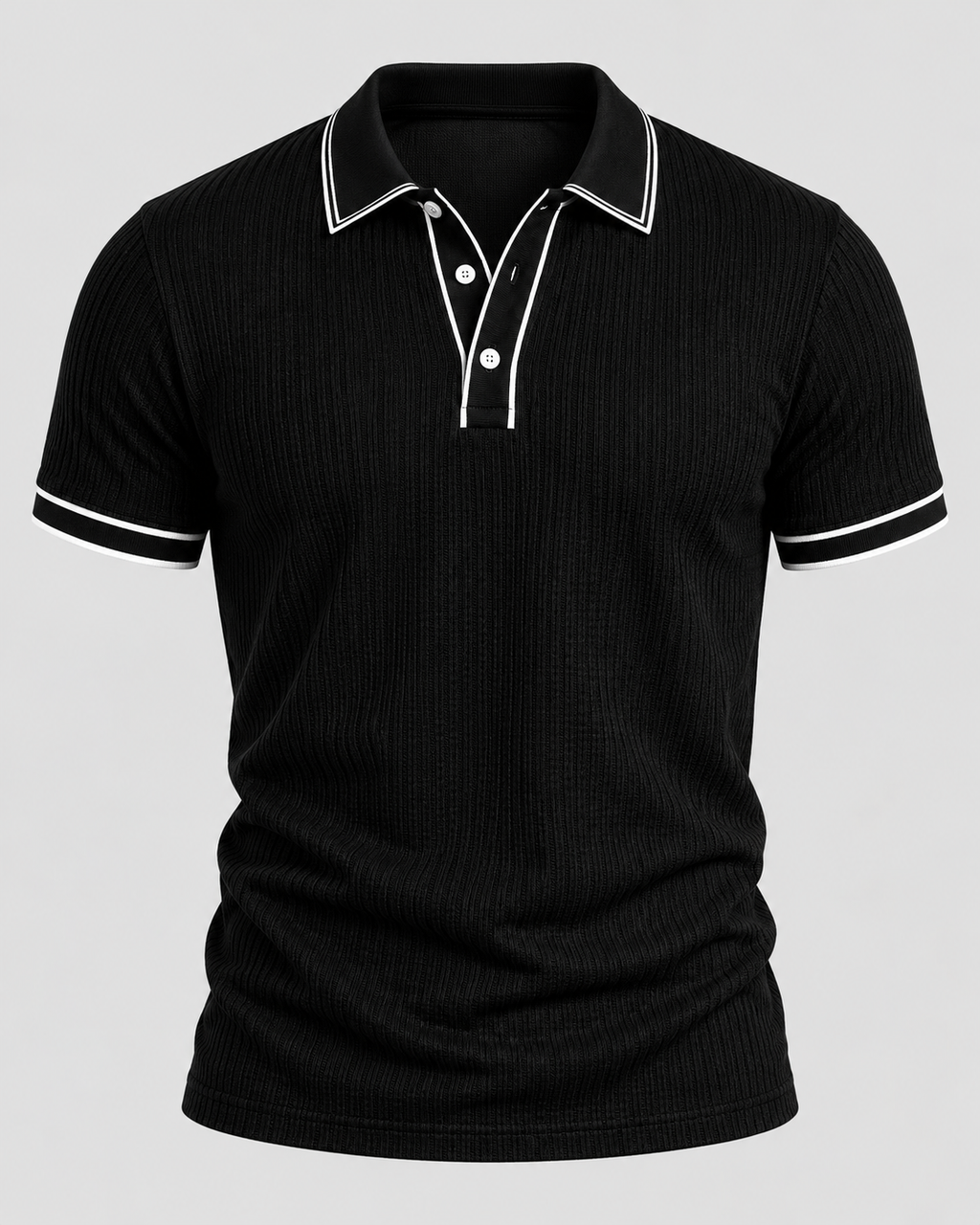Strikket Poloshirt til Herrer - Kontrastkant, Kort Knaplukning