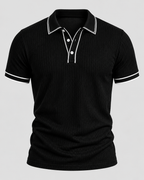 Strikket Poloshirt til Herrer - Kontrastkant, Kort Knaplukning