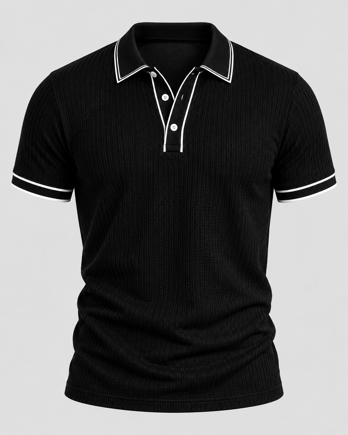 Strikket Poloshirt til Herrer - Kontrastkant, Kort Knaplukning