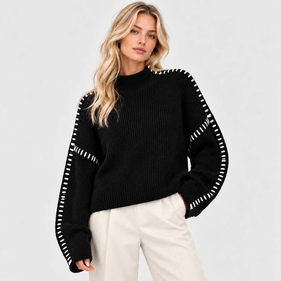 Sort Cropped Sweater til Damer - Rullekrave, Ærme med Sømdetalje