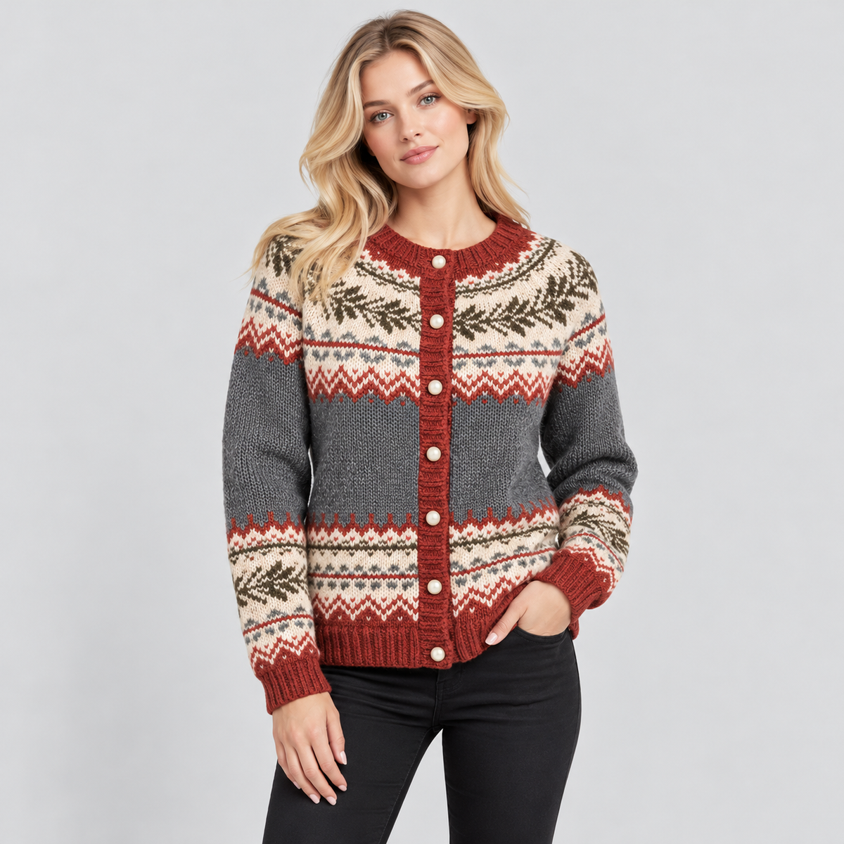 Fair Isle Cardigan til Damer - Knaplukning, Mønstret Bærestykke