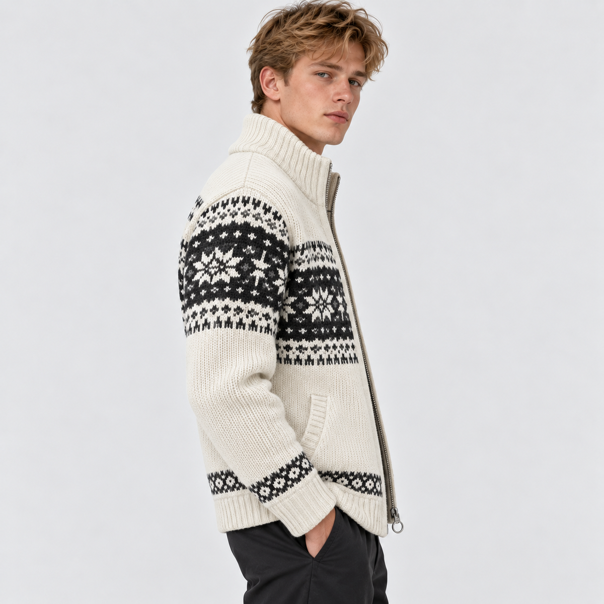 Herre Nordisk Mønstret Lynlåstrøje – Fair Isle Strikjakke